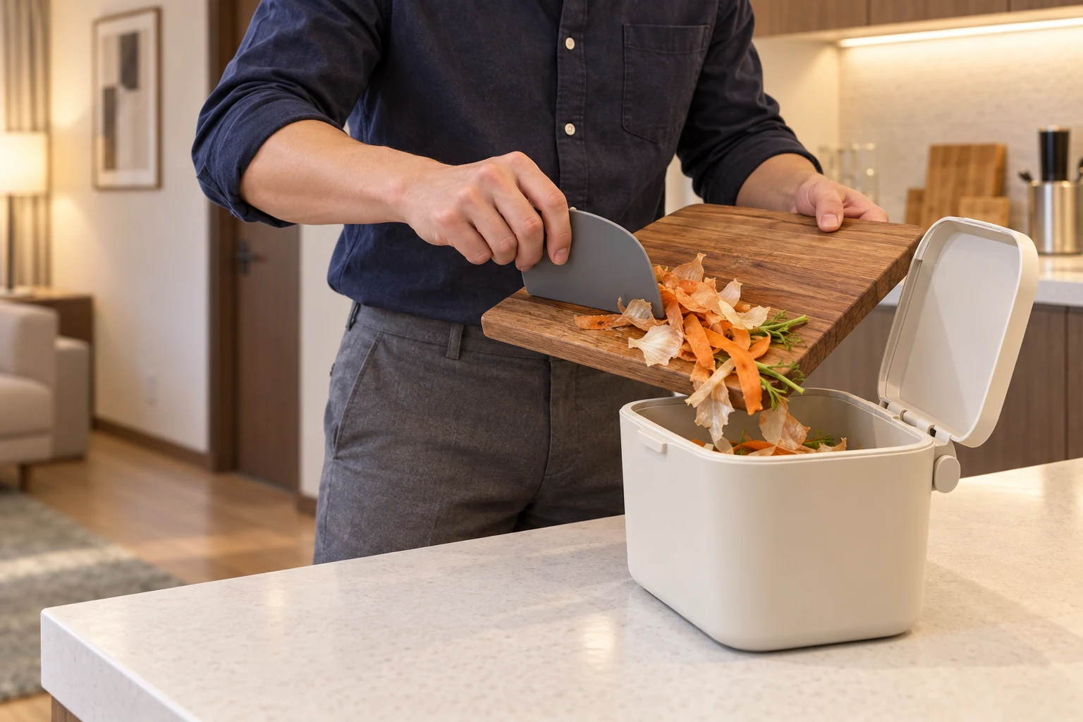 도마의 조리 찌꺼기를 치우는 손