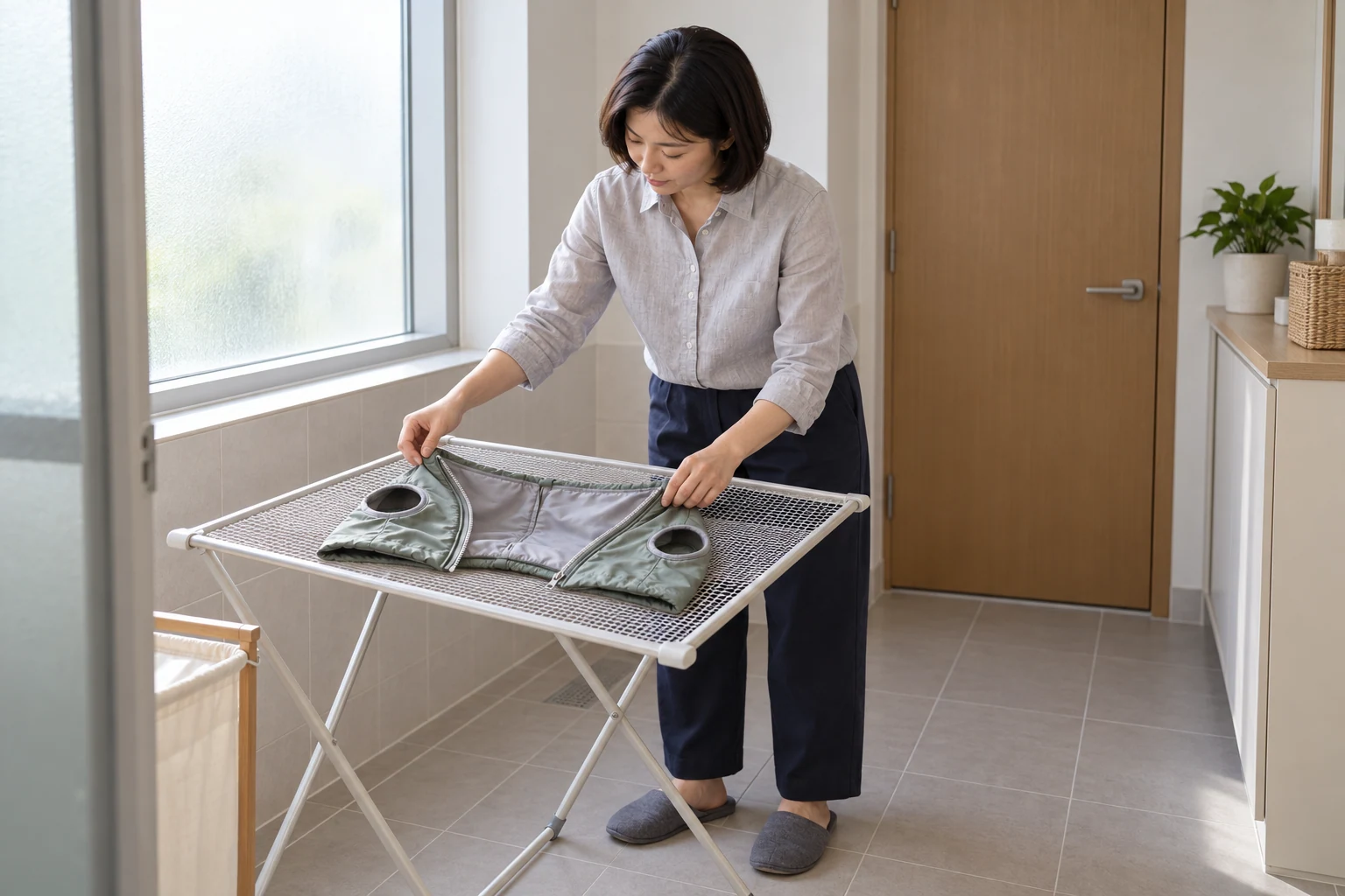 건조대 위에 펼쳐 놓은 반려견 옷