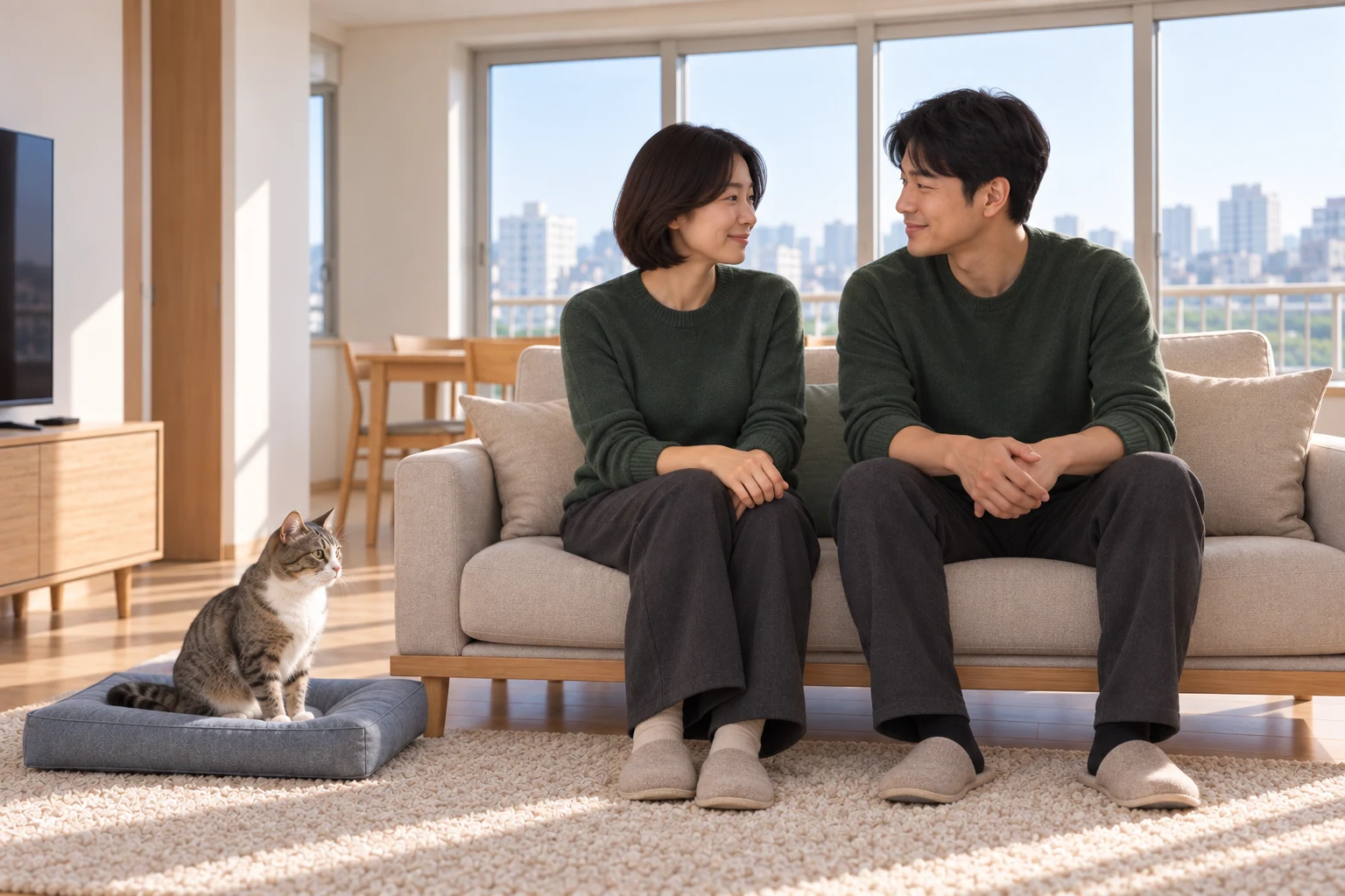 방석의 고양이 옆 소파에서 대화하는 보호자들