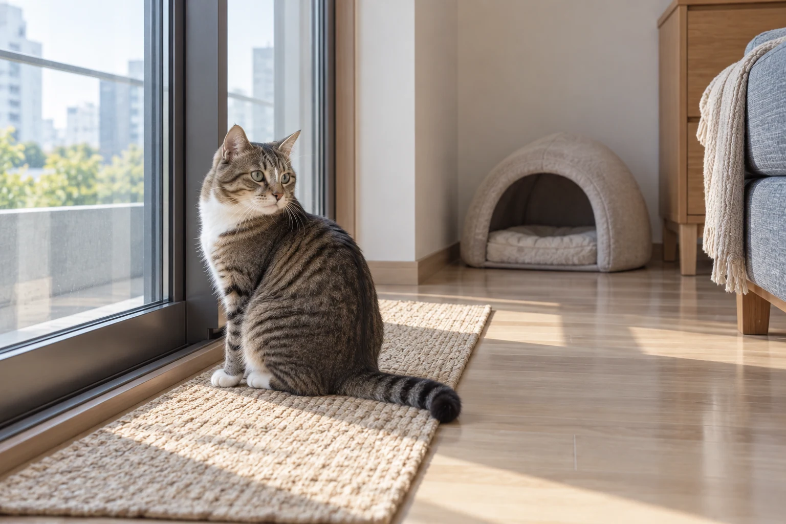닫힌 창가 매트에 앉은 고양이