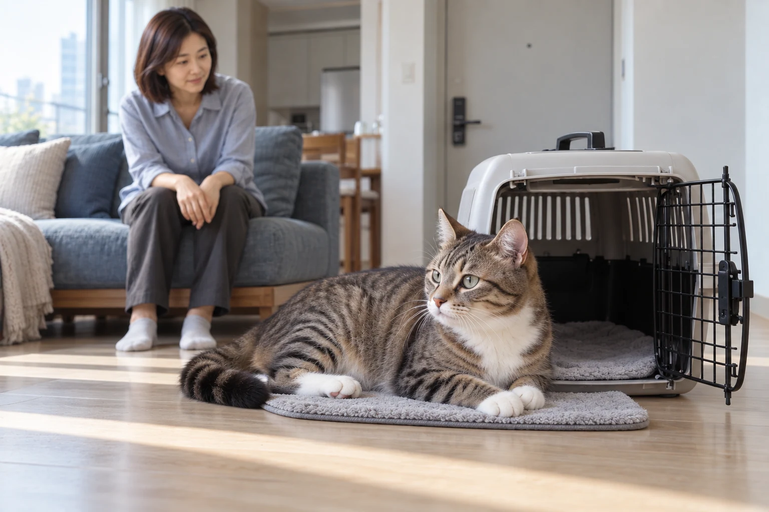 열린 이동장 앞에 누운 고양이