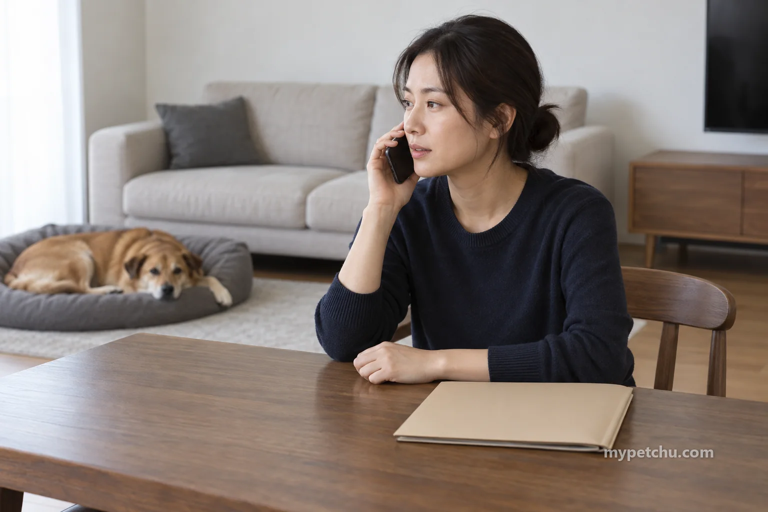 강아지가 뒤에서 쉬는 거실에서 전화하는 사람