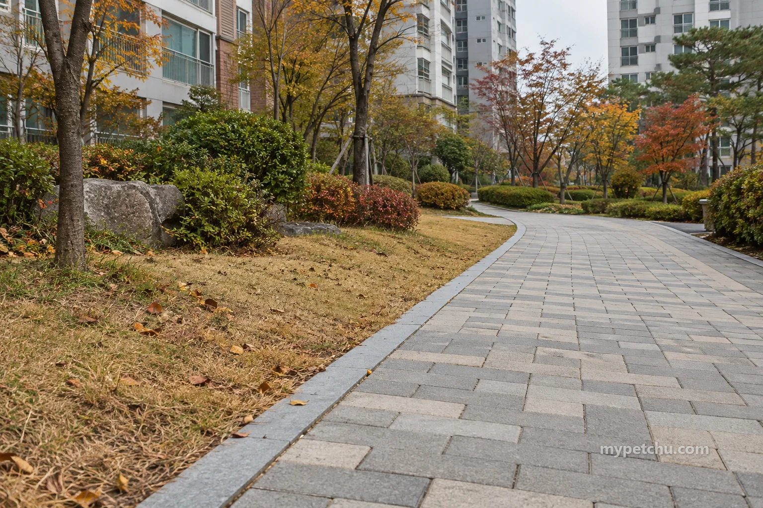 가을 풀 가장자리와 보도가 나뉜 아파트 산책길
