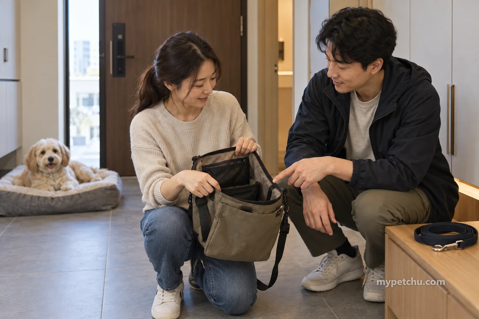 개가 떨어져 쉬는 현관에서 산책 가방을 함께 살피는 두 사람