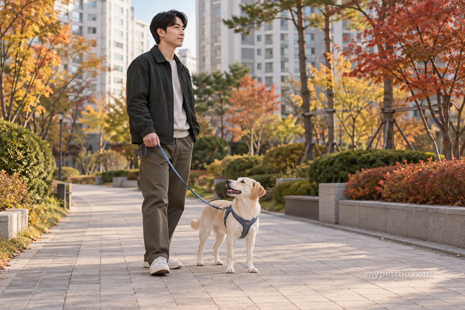 산책길에서 앞을 살피는 사람과 줄을 연결한 크림색 개