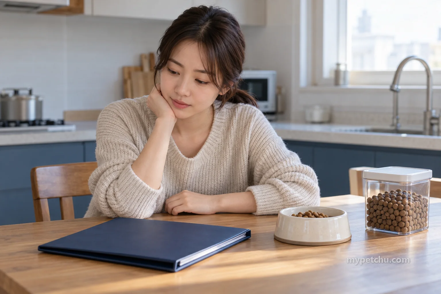 닫힌 서류철과 사료 그릇·보관 통 옆에 앉은 사람