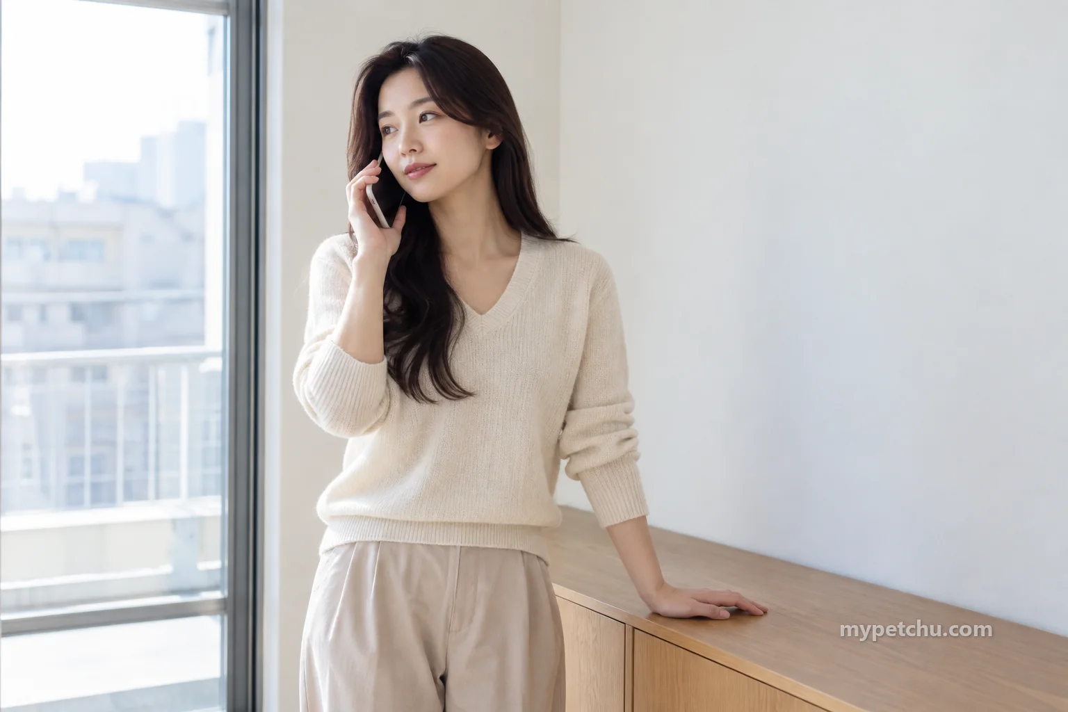 서류나 동물 없이 집 안에서 전화하는 사람