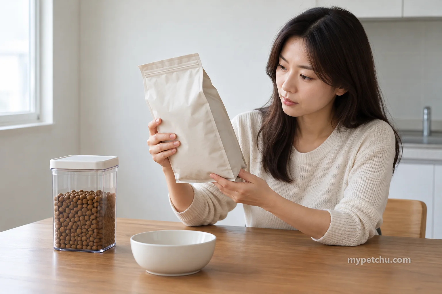닫힌 무지 포장과 사료 보관 통·그릇을 살피는 사람