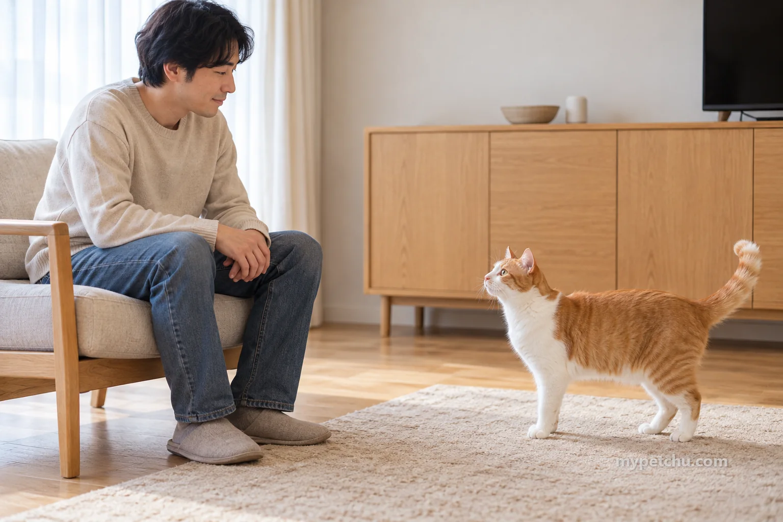 손을 자기 무릎에 둔 사람과 바닥에 서 있는 고양이