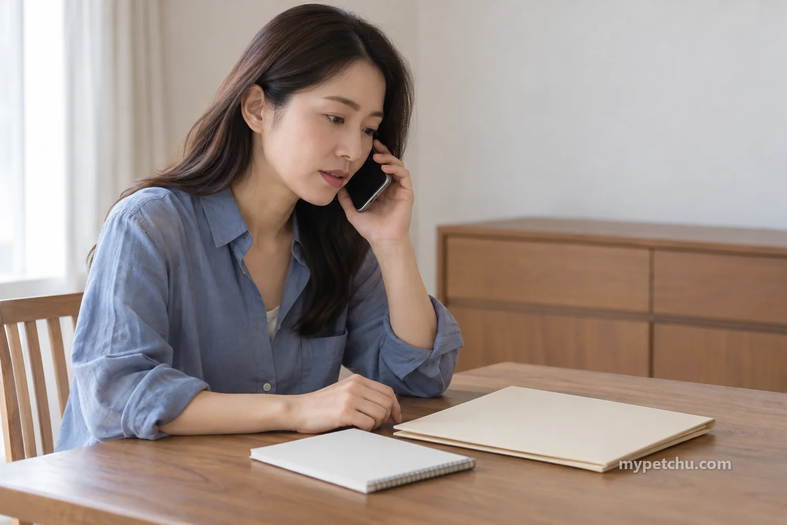 닫힌 서류철과 작은 수첩 곁에서 전화하는 사람