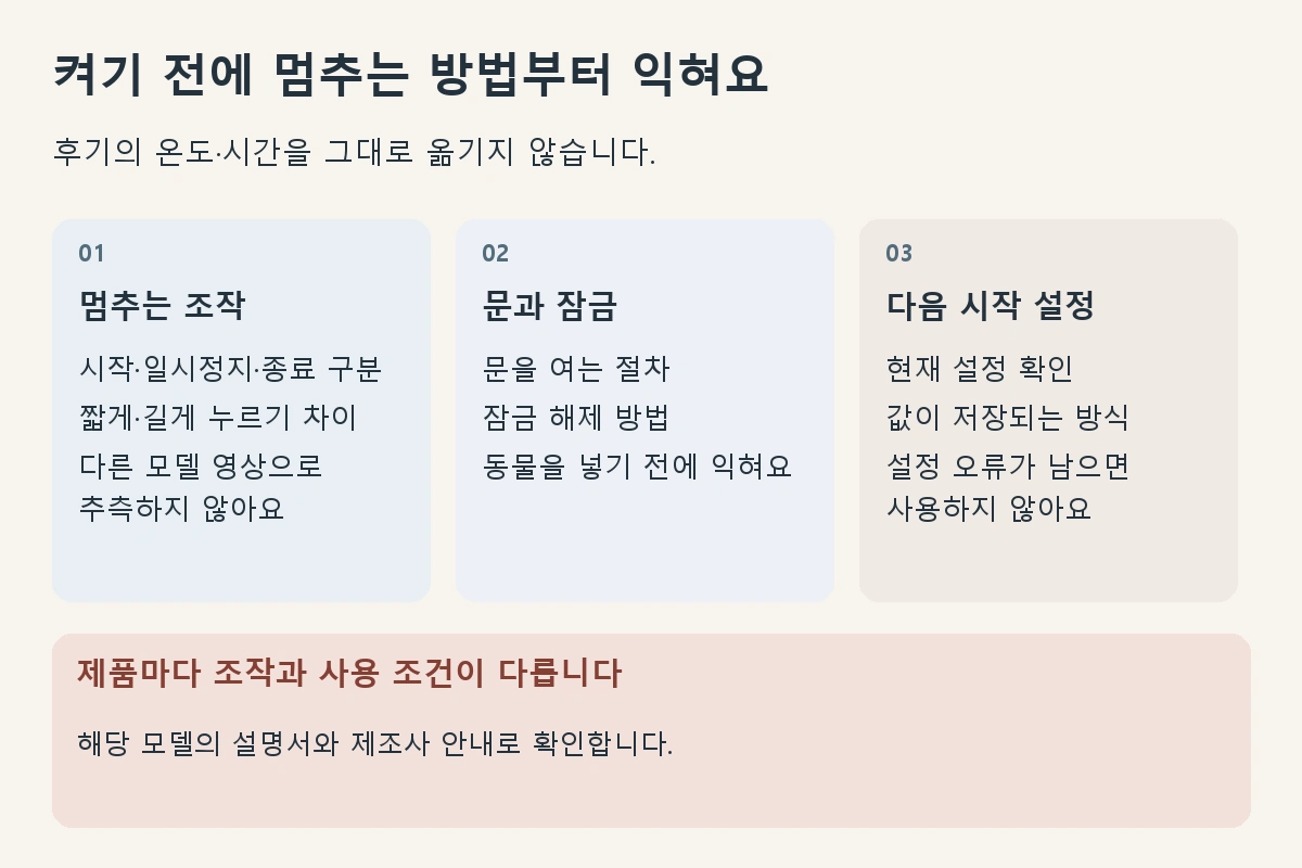 드라이룸 사용 전에 실제 모델의 멈추는 조작, 문과 잠금, 다음 시작 설정을 확인하는 안내