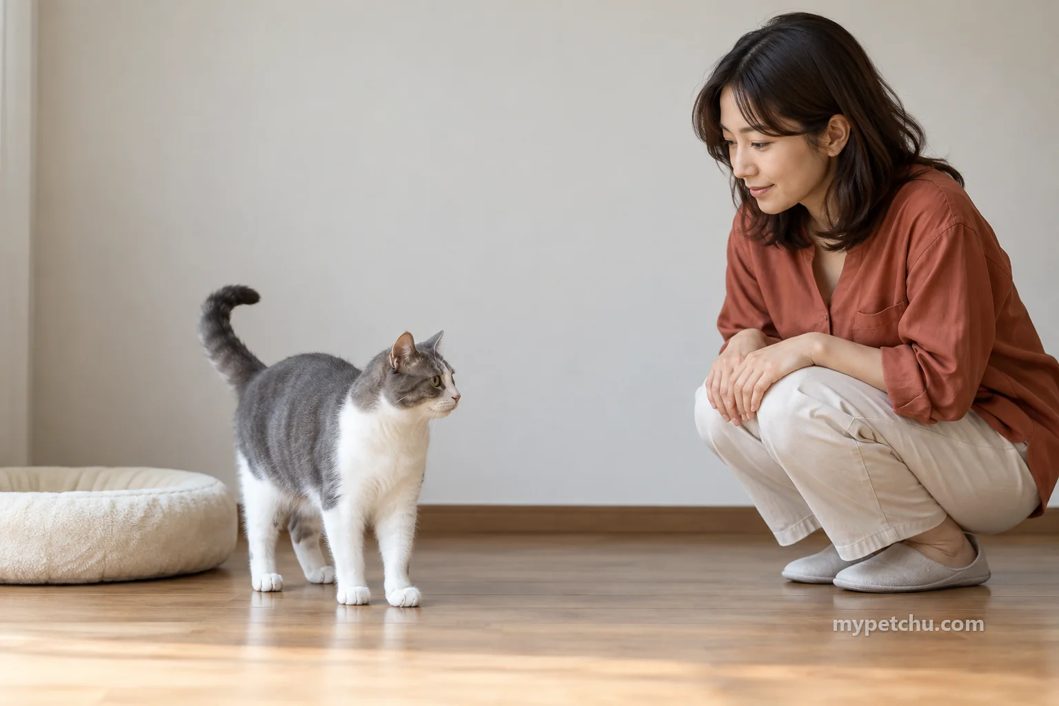 고양이와 떨어져 자기 무릎에 손을 둔 채 앉은 사람