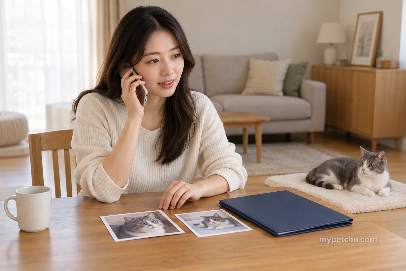 고양이 사진과 닫힌 서류철 곁에서 전화하는 사람