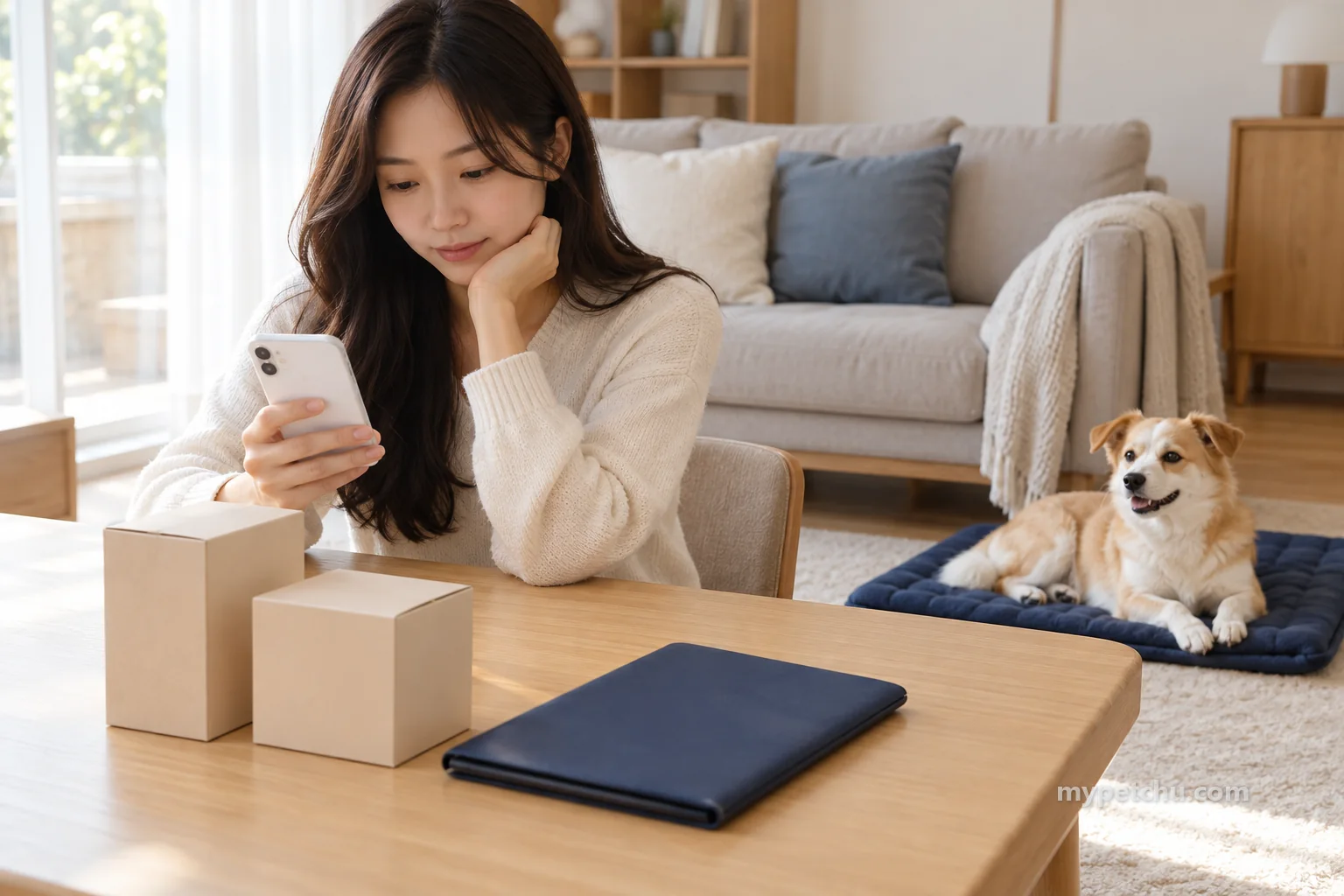 무지 상자와 서류철 곁에서 휴대전화를 보고 별도 방석의 개와 머무는 사람