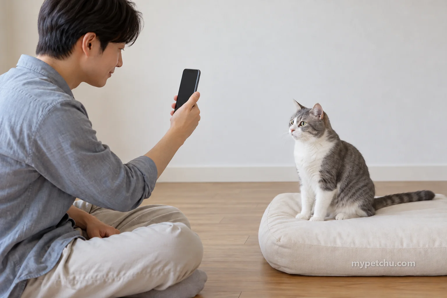 고양이와 떨어져 앉아 스마트폰을 세로로 든 보호자