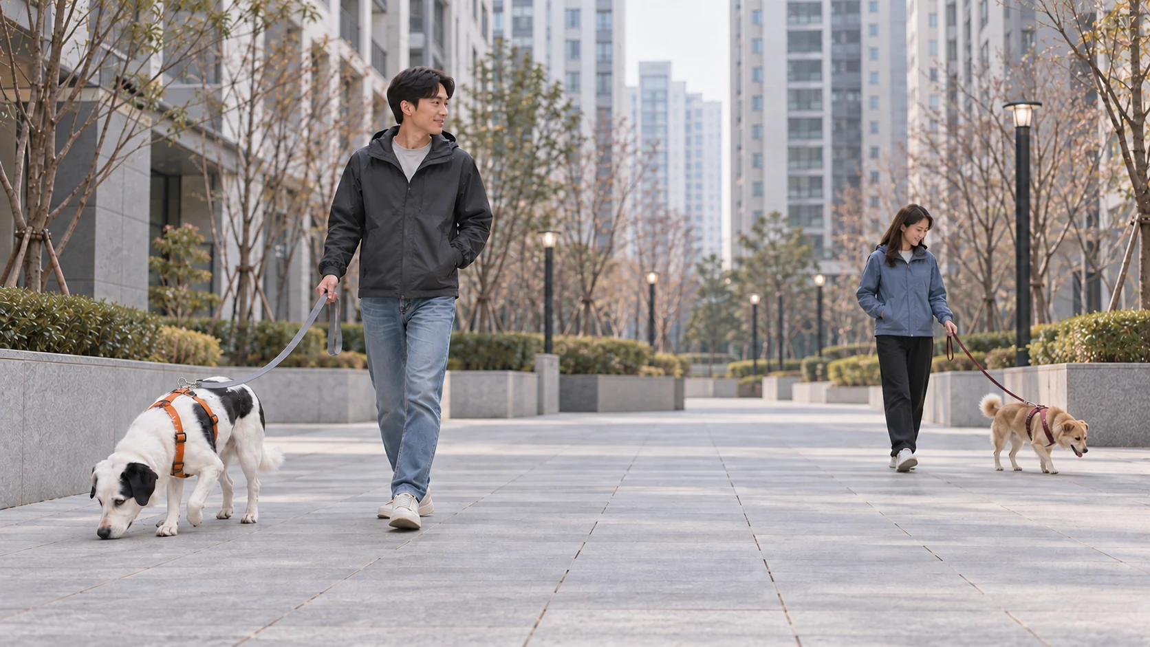 넓은 보행 공간에서 각자 강아지 한 마리를 맡아 떨어져 걷는 두 사람