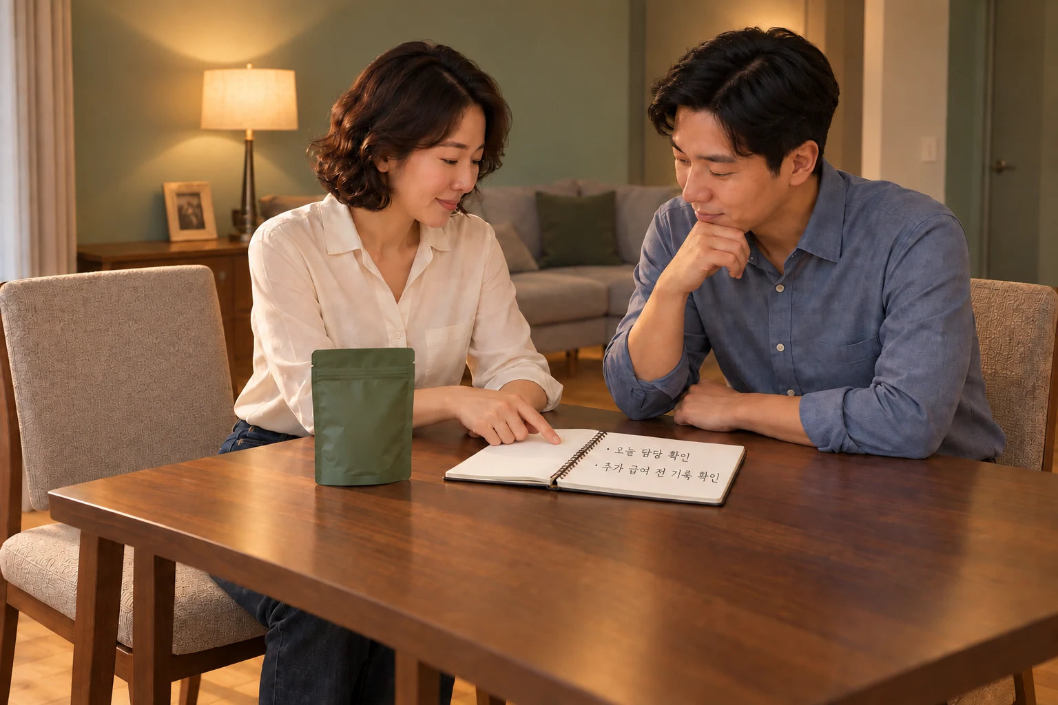 급여 담당과 추가 급여 전 기록 확인 문구가 적힌 노트를 보는 두 사람