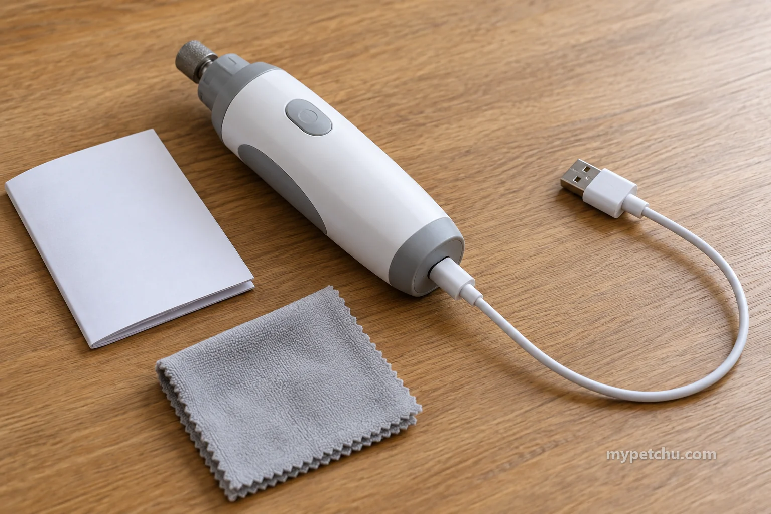 한쪽만 작은 도구에 연결되고 USB 끝은 탁자에 놓인 충전 케이블
