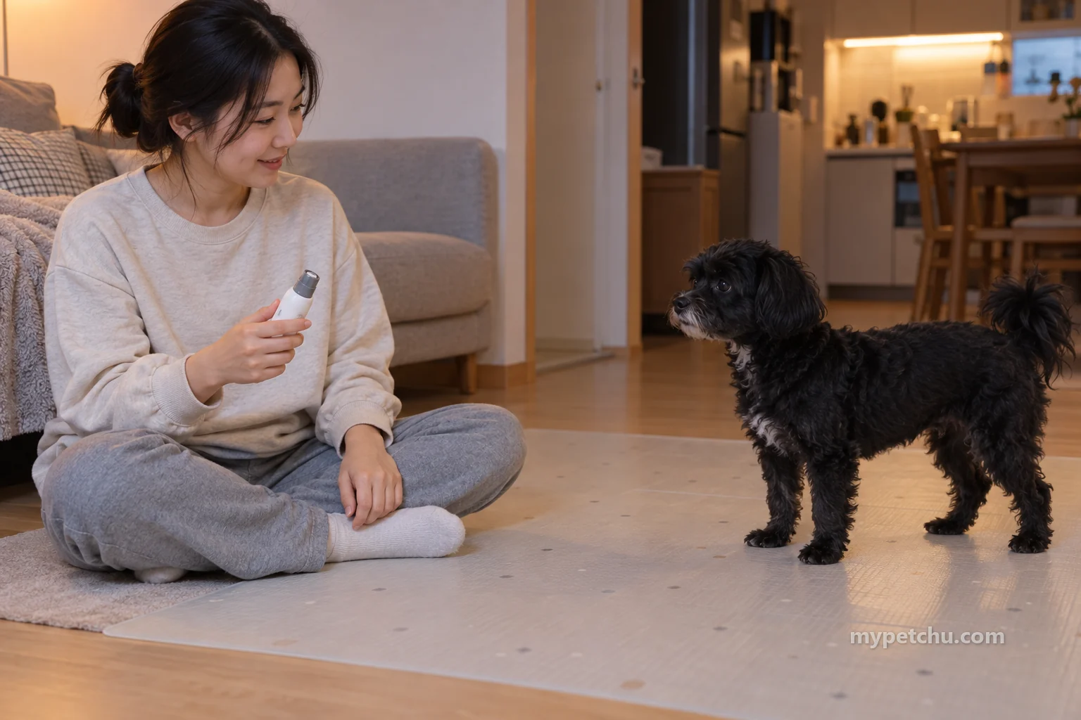 작은 도구를 든 보호자와 떨어져 서 있는 검은 강아지
