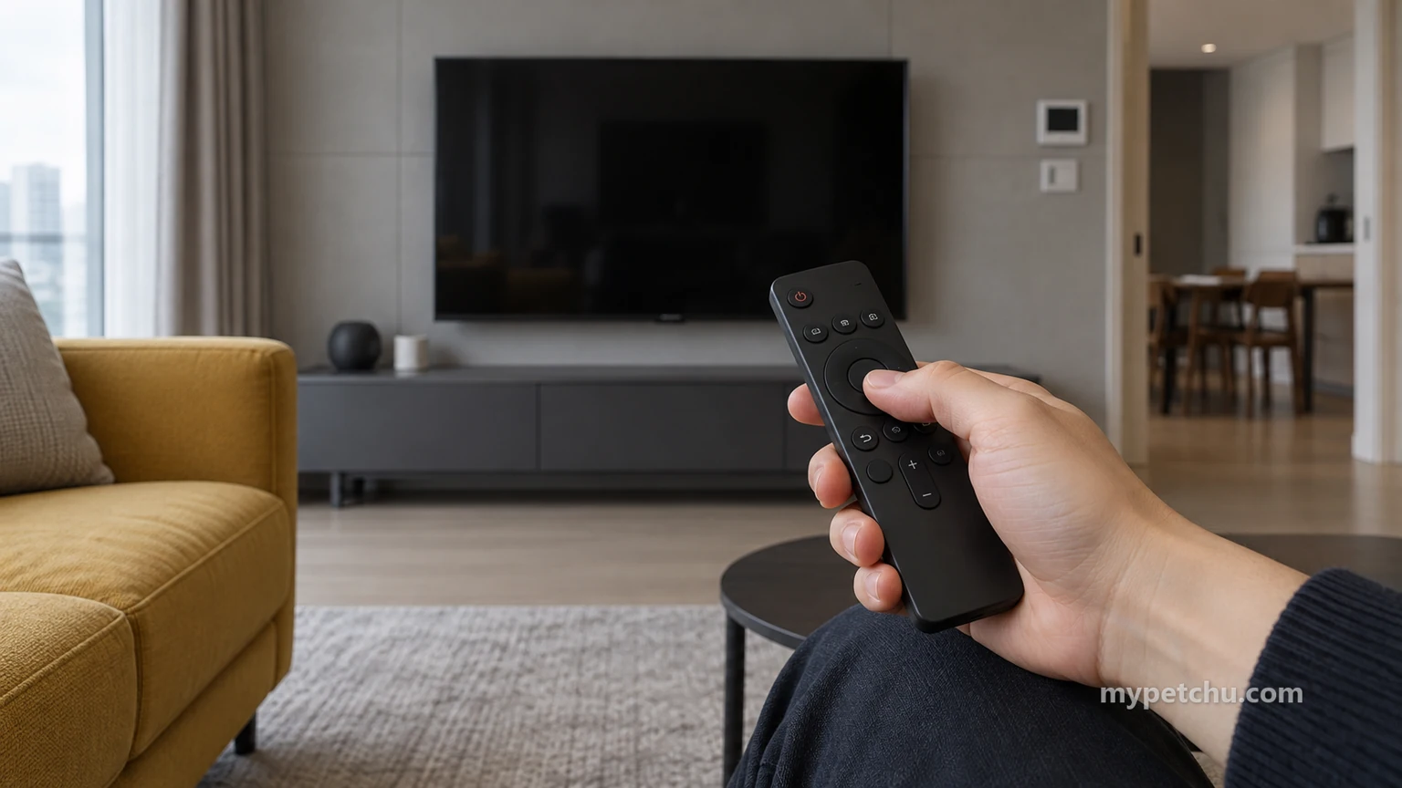 어두운 TV 앞에서 검정 리모컨을 손에 든 보호자의 손 근접
