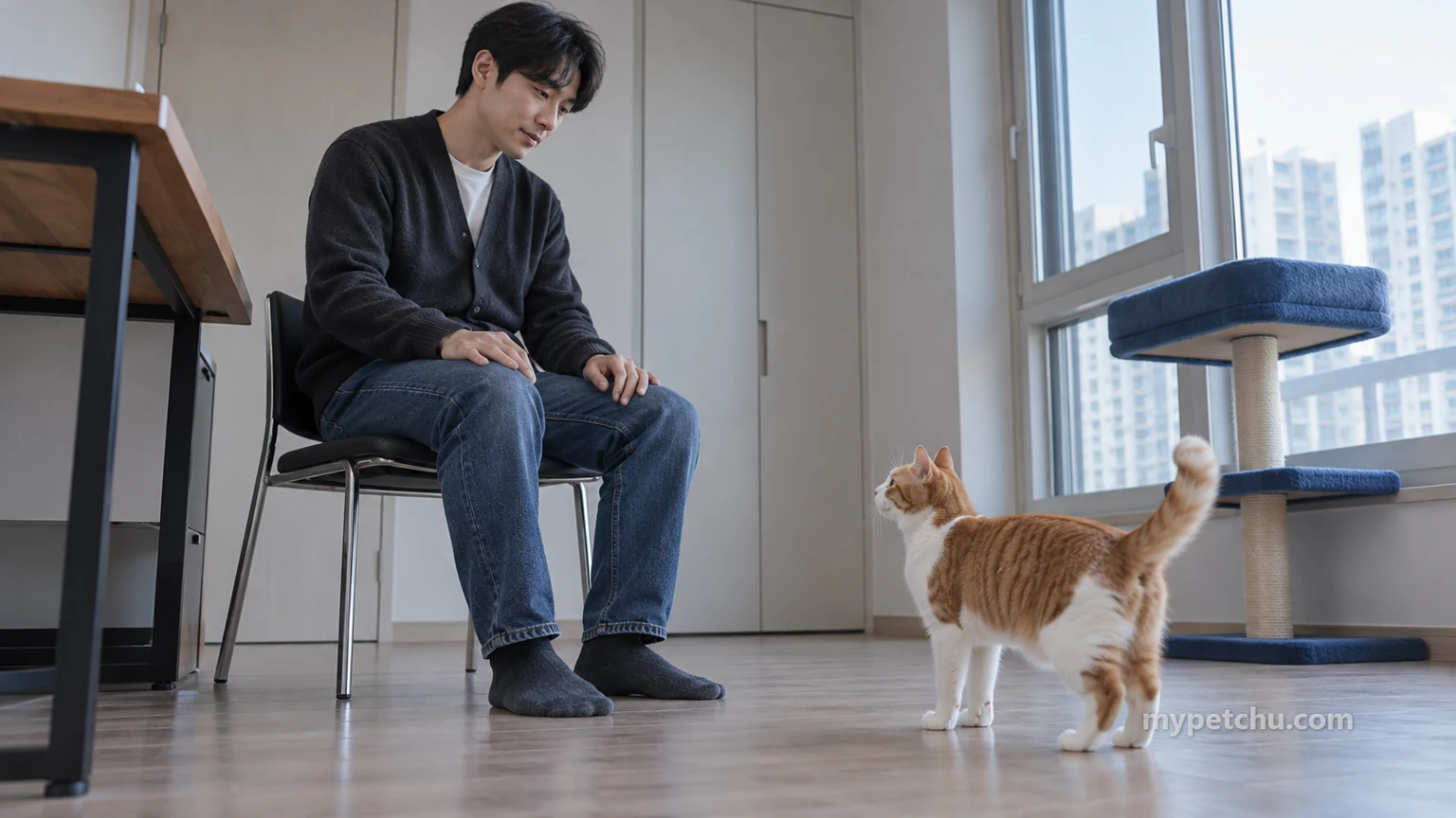 손을 자기 무릎에 올리고 앉은 보호자와 떨어져 서 있는 고양이