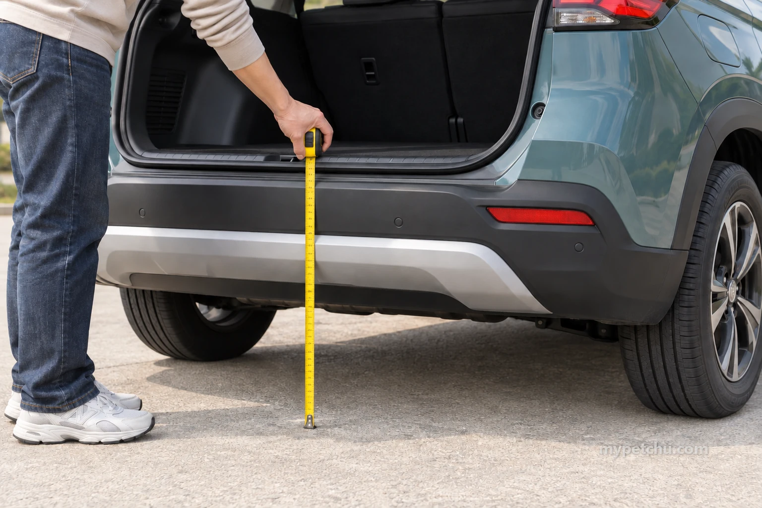 트렁크 바닥 높이에서 지면까지 줄자를 세워 잡은 손과 차량 뒷부분