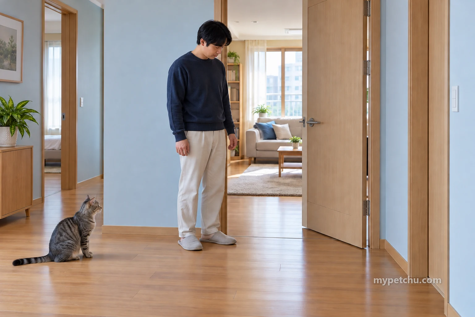일부 열린 방문 옆에서 발밑을 보는 보호자와 떨어져 앉은 고양이