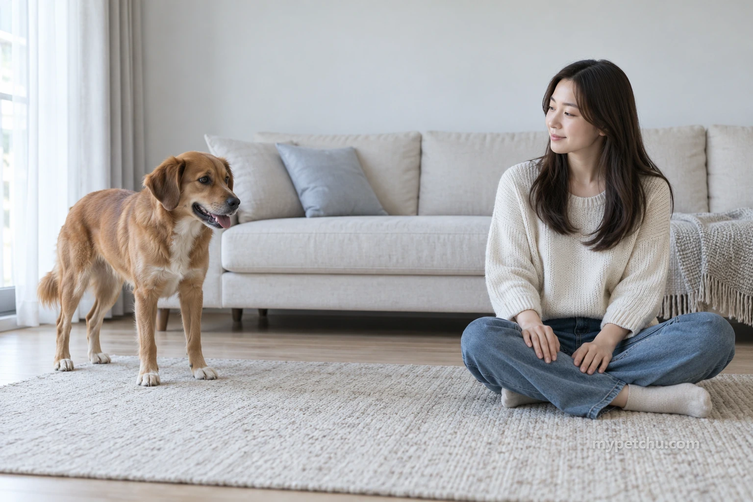 손을 자기 무릎에 올려놓고 앉은 보호자와 떨어져 선 강아지