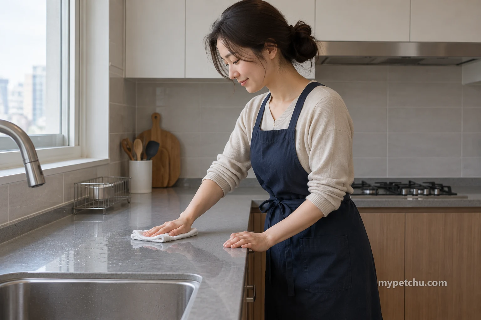 고양이 없는 주방에서 접은 천으로 조리대를 닦는 보호자