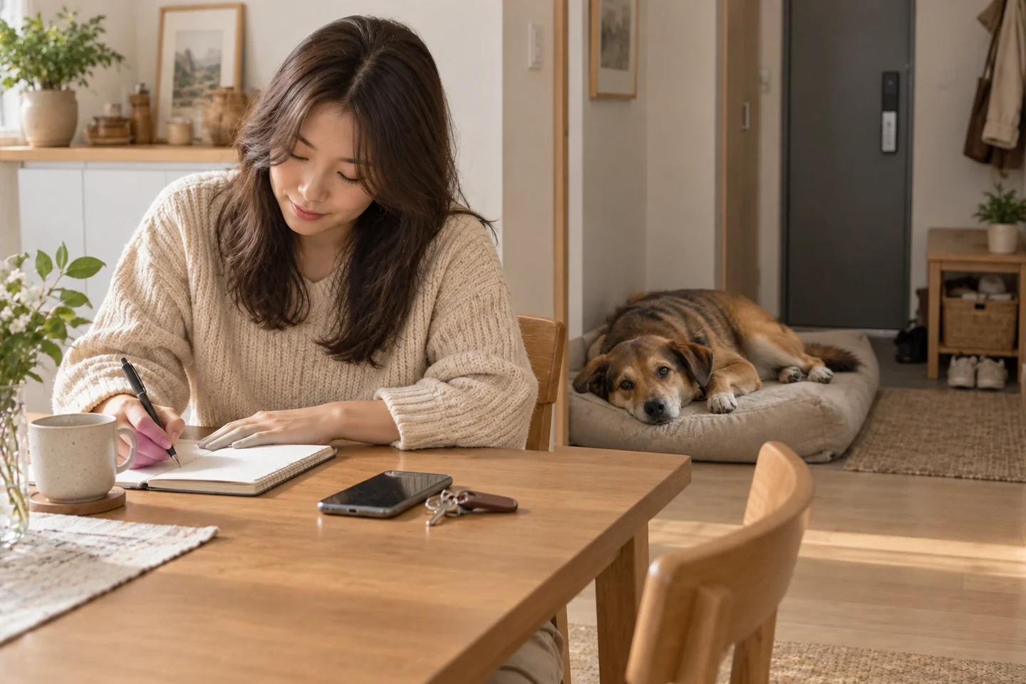 수첩에 쓰는 보호자와 뒤쪽 방석에 누운 강아지
