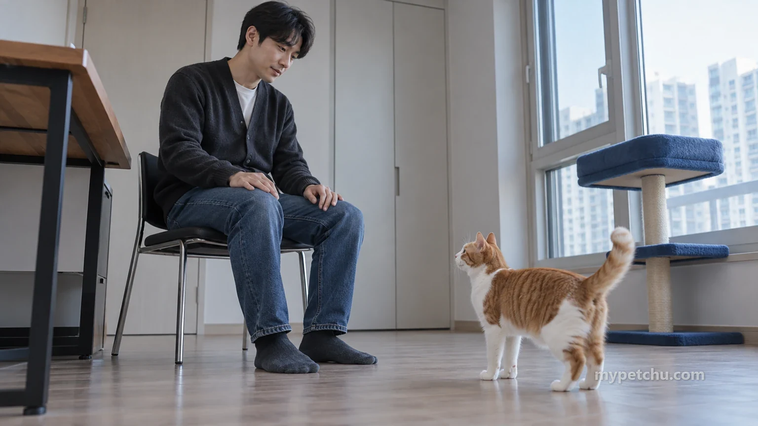 손을 무릎에 두고 고양이를 바라보는 보호자