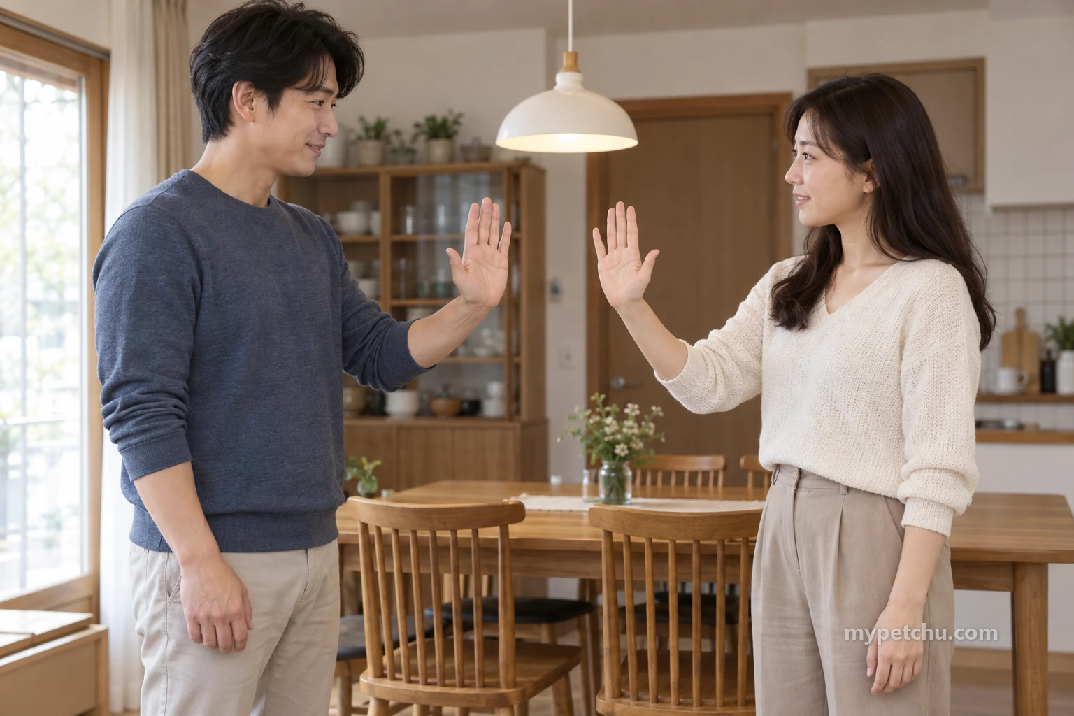 식탁 옆에서 서로 마주 보며 빈 손바닥을 든 성인 두 명
