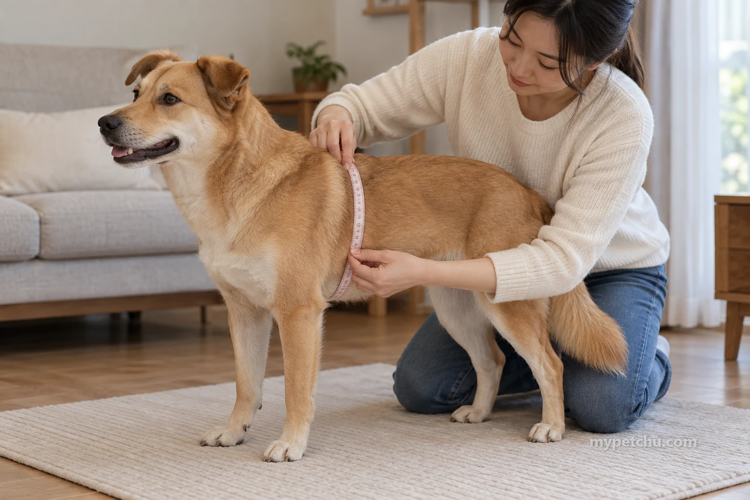 마른 매트에 선 갈색 강아지의 갈비뼈 둘레에 줄자를 두르는 보호자