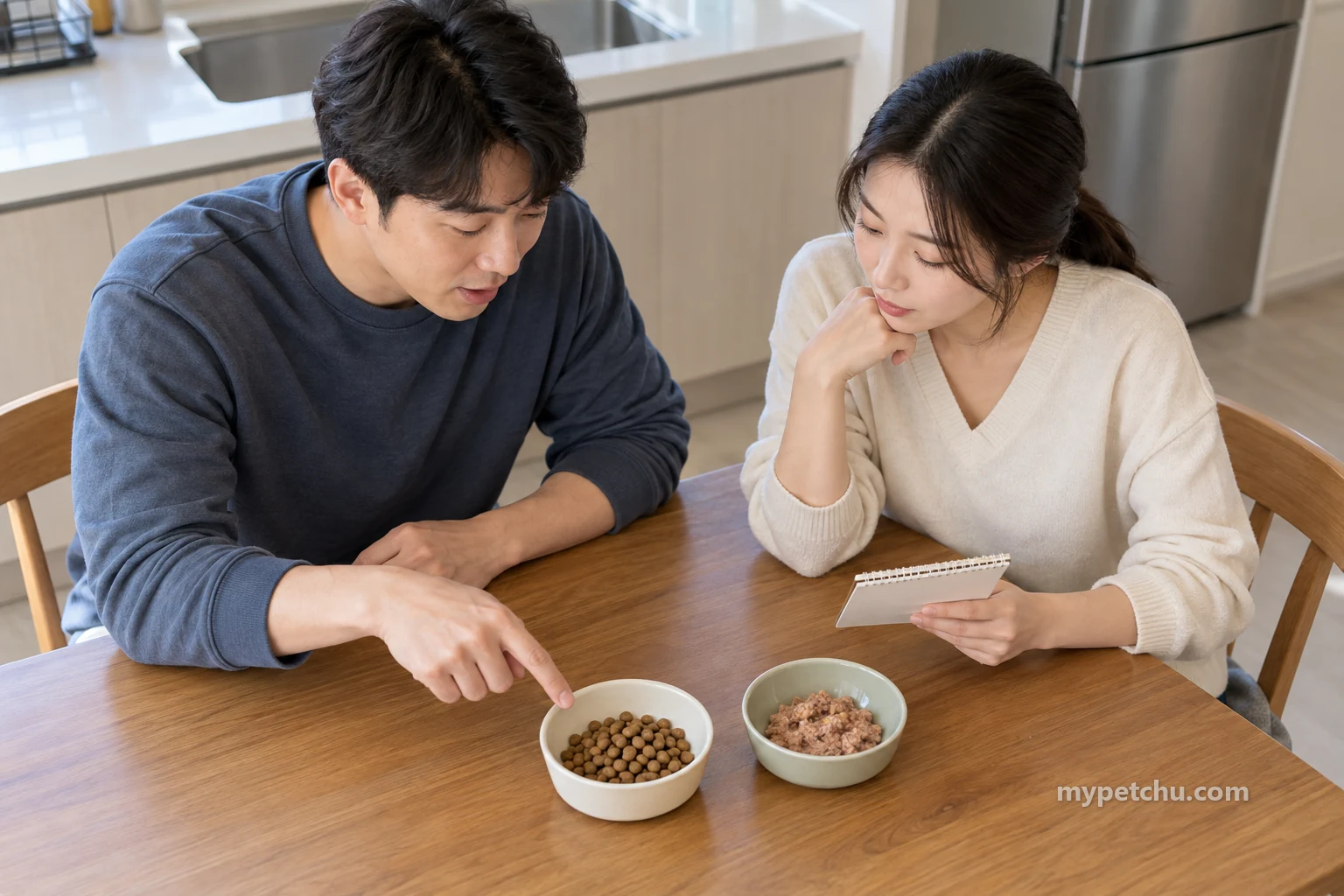 식탁의 두 음식 그릇과 메모를 함께 살피는 두 보호자