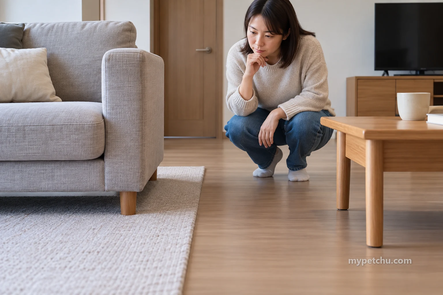 거실에서 소파와 낮은 탁자 사이를 살피는 보호자