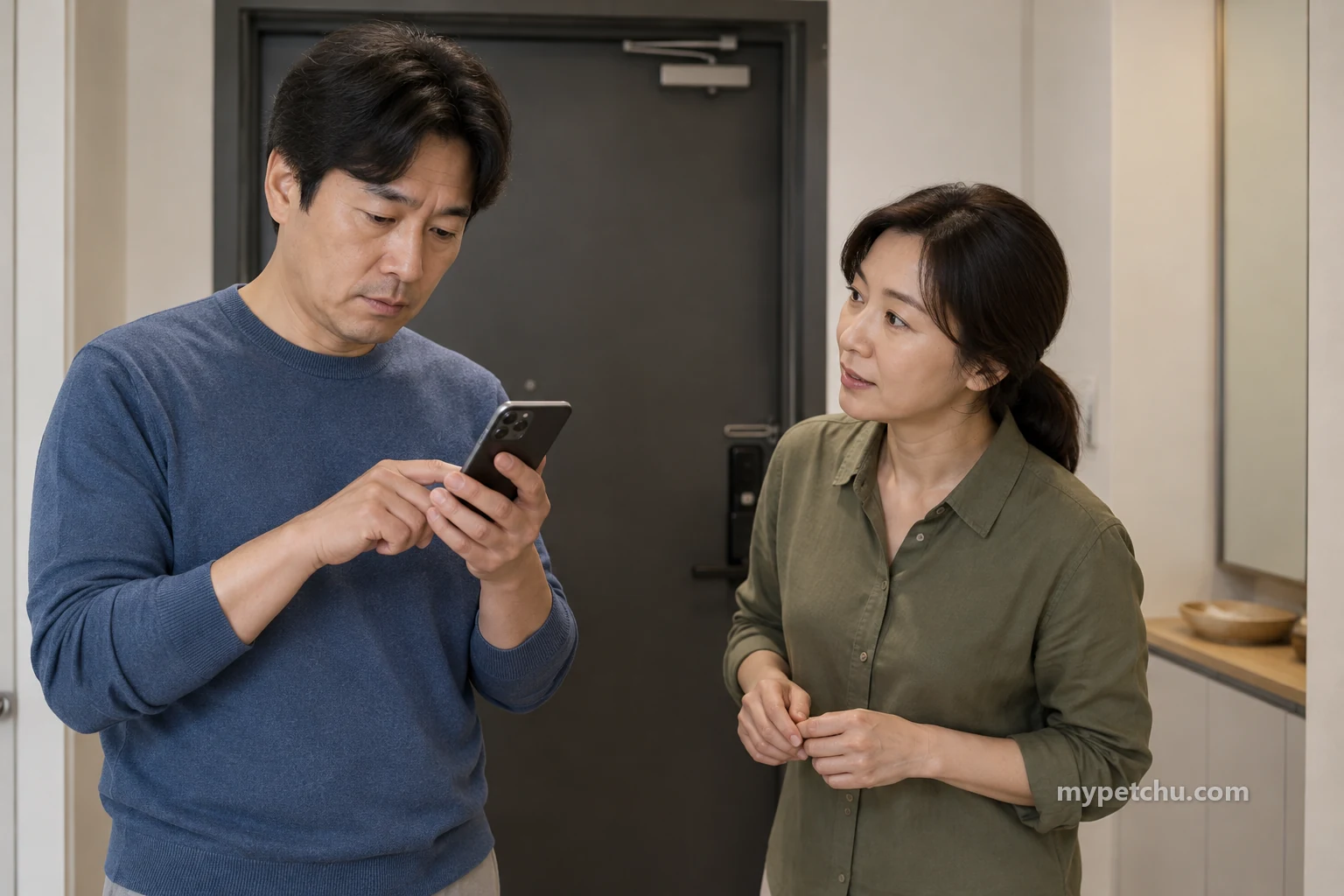 닫힌 현관 안쪽에서 휴대전화 메모를 살피며 대화하는 두 보호자
