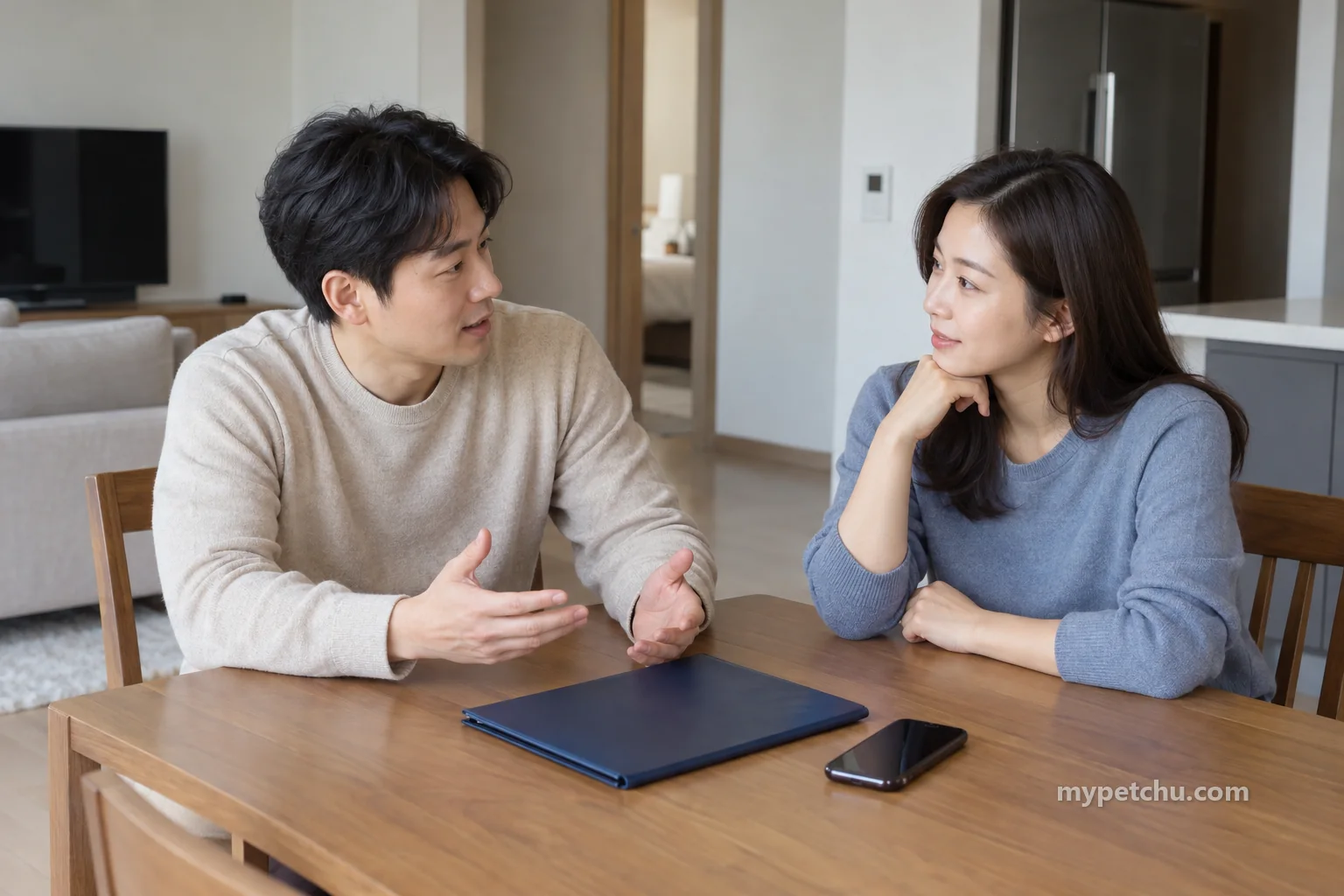 식탁의 닫힌 파란 서류철과 휴대전화 앞에서 대화하는 두 보호자