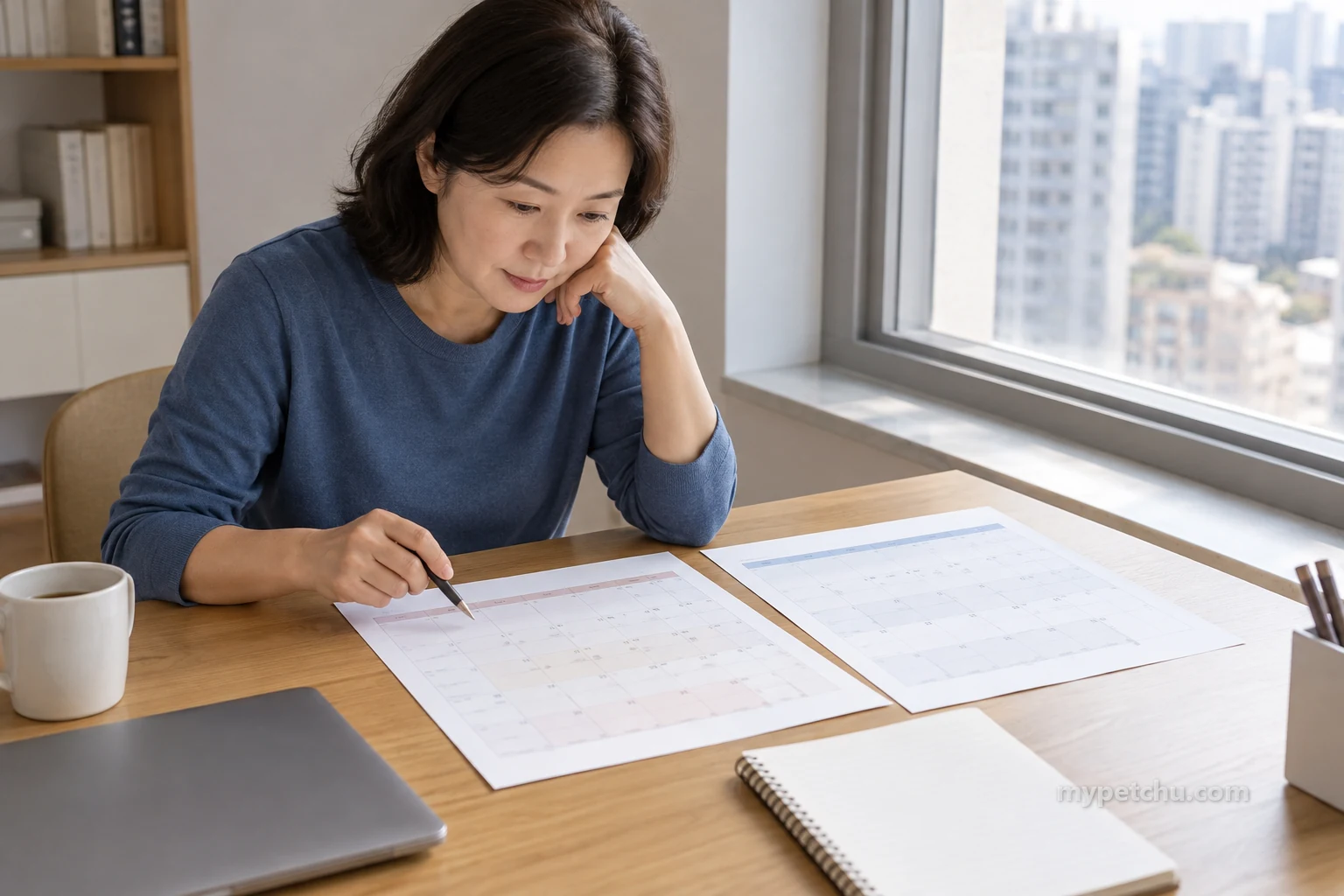 집 책상에서 두 장의 일정표를 나란히 놓고 살피는 보호자