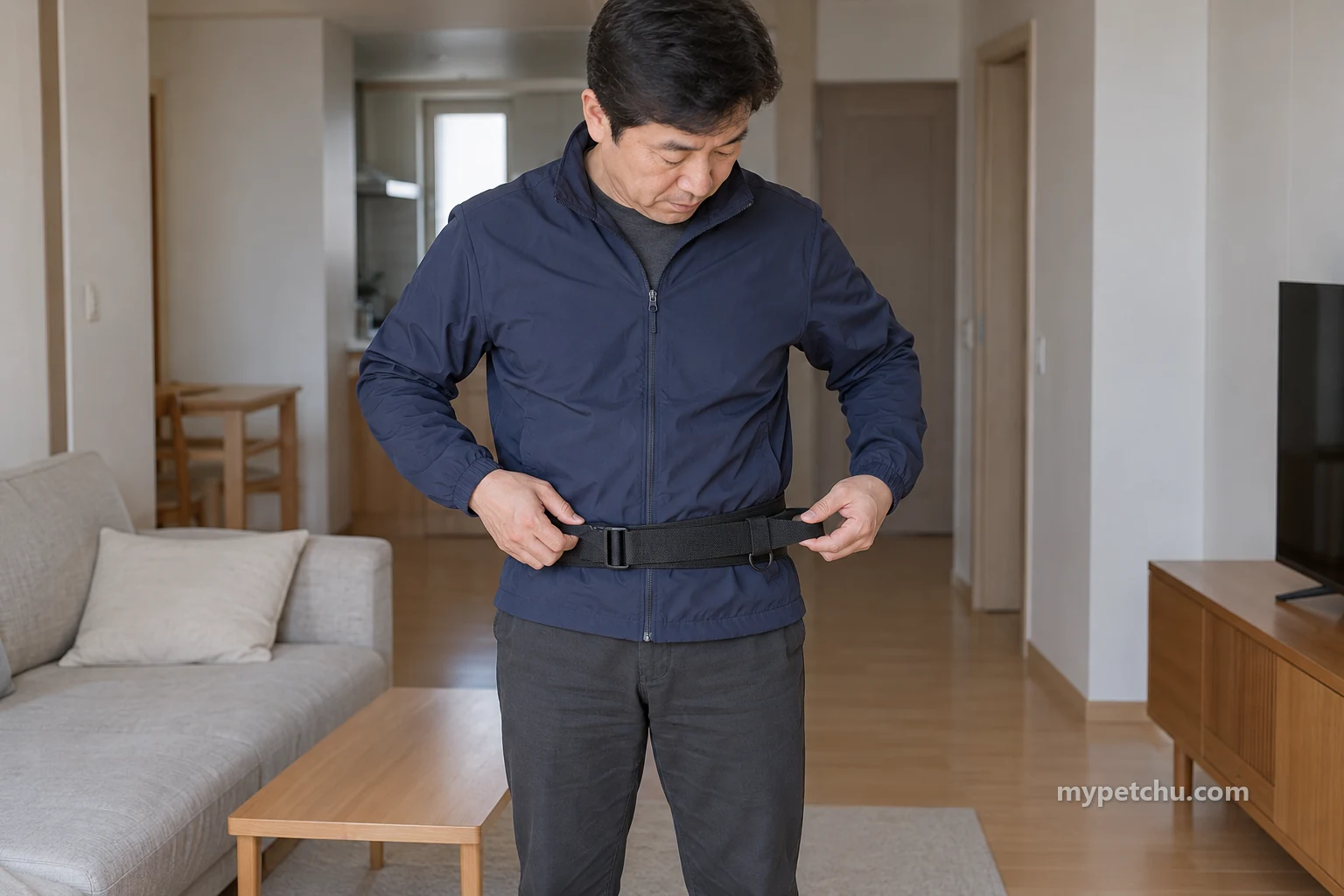 허리 벨트와 파란색 연결줄을 각각 손에 들고 살피는 보호자