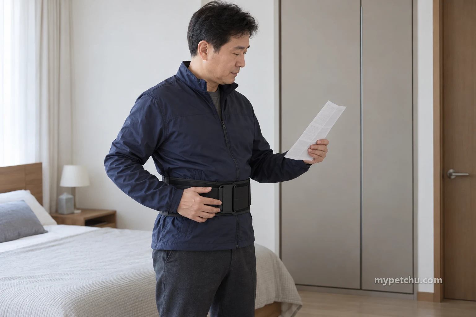 안내문을 읽으며 허리 벨트 앞쪽 버클에 손을 댄 보호자