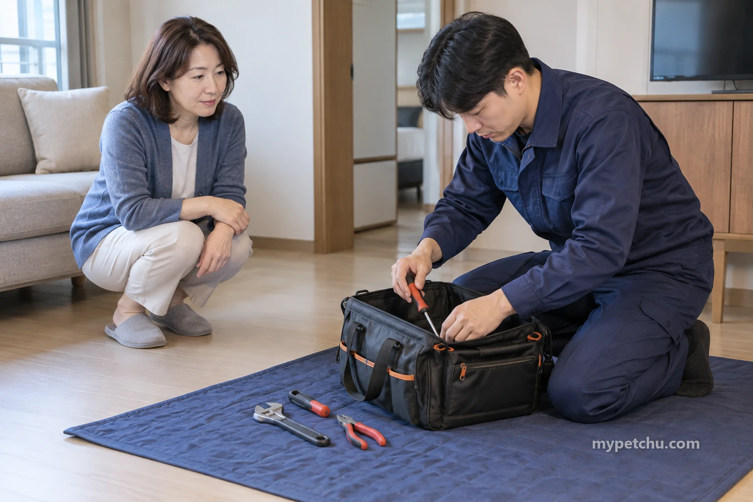 동물 없는 방에서 매트 위 손 공구를 가방에 넣는 작업자