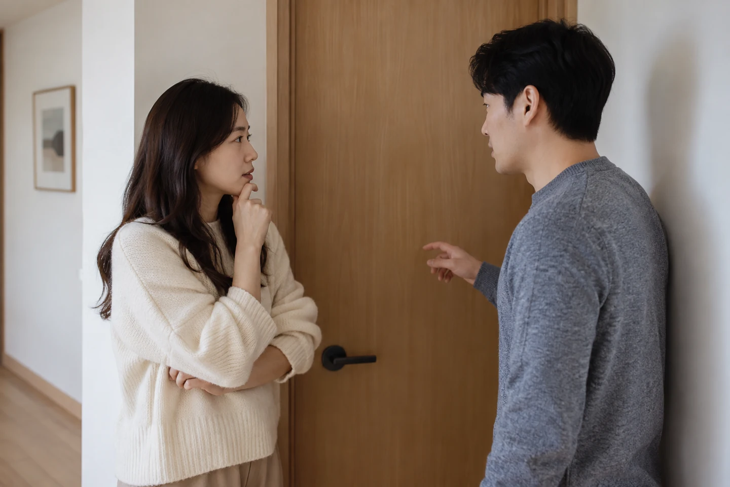 닫힌 방문 밖에 서 있는 두 사람