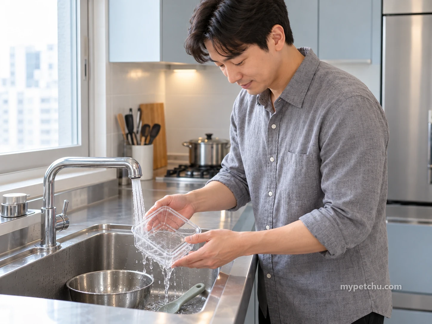 싱크대에서 투명 소분용기를 헹구는 보호자