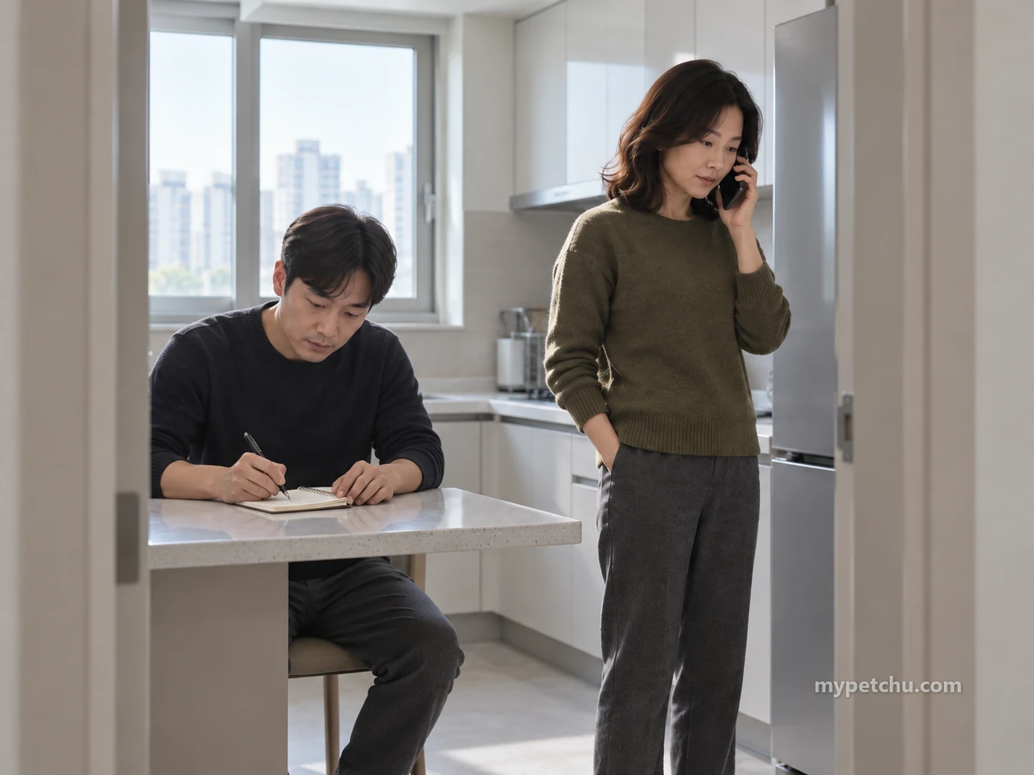 전화하는 보호자 옆에서 받은 내용을 적는 성인