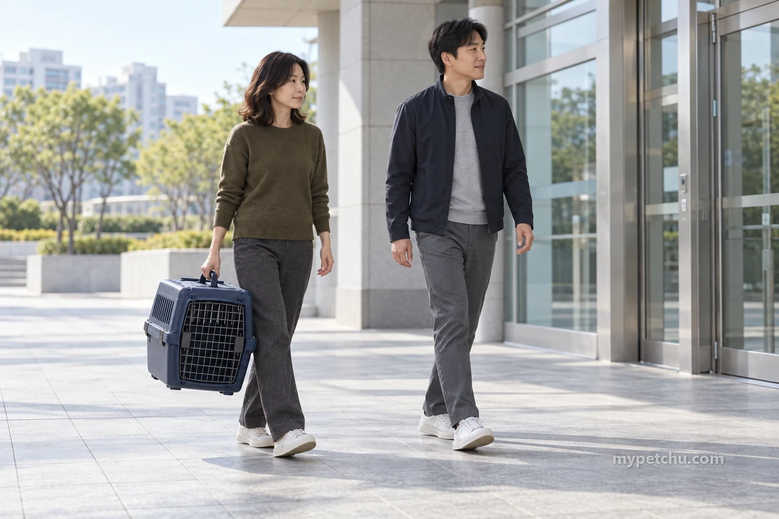 빈 이동장을 들고 동행인과 건물 앞 보행 공간을 걷는 보호자