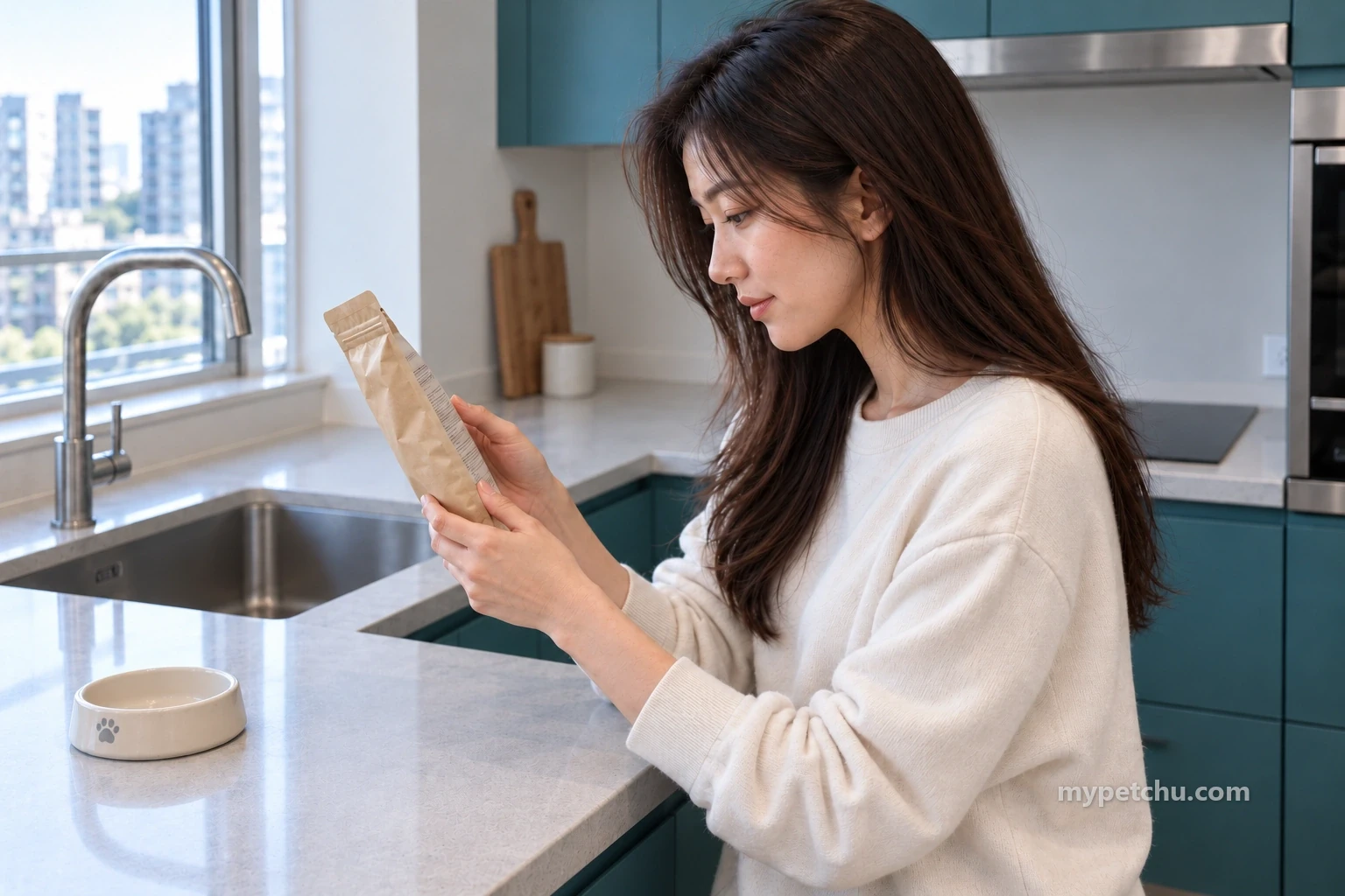작은 식기를 곁에 두고 간식 포장의 뒷면 표시를 살피는 보호자