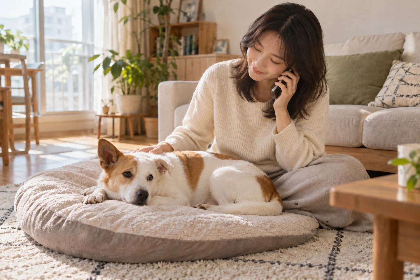 강아지 곁에서 전화하는 보호자