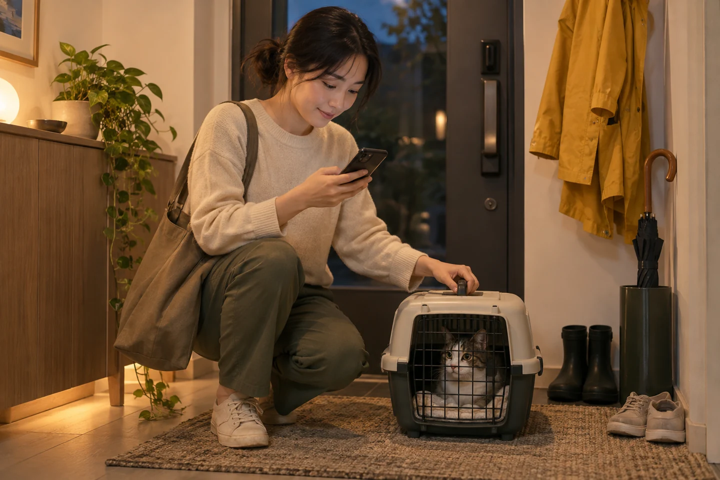 이동장 옆에서 휴대전화를 확인하는 사람