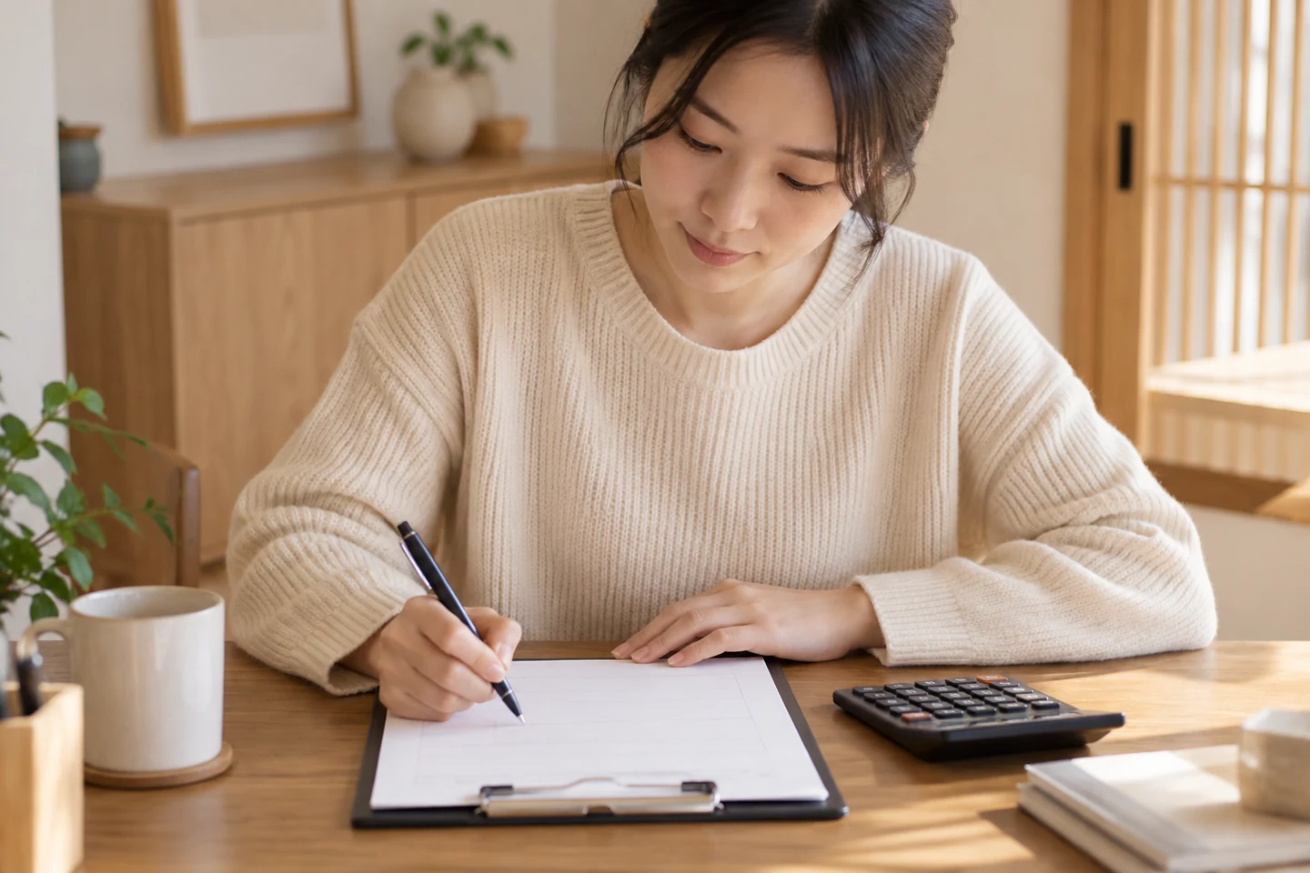 계산기 옆에서 노트에 적는 사람