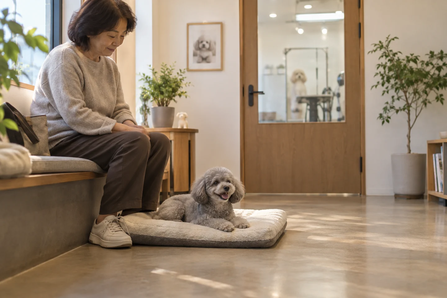 보호자 옆 낮은 방석에 누운 회색 푸들